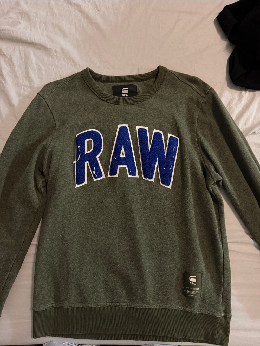 G-Star Olive Green Crewneck with Bold Blue RAW Appliqué